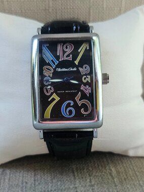 Montres Carlo Men Wristwatch Black Faux Leather Strap Multi color Number Watch